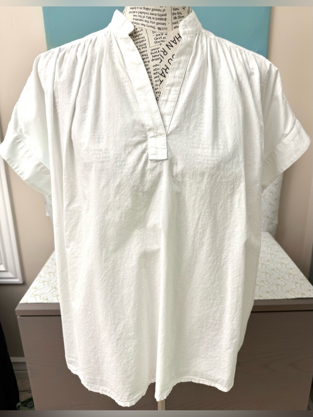 Women Universal Thread 100% Cotton White Short Sleeve China Collar Career Top S